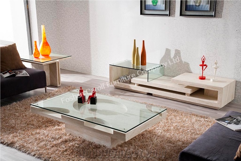 Modern Luxury Travertine Base Glass Top Coffee Table