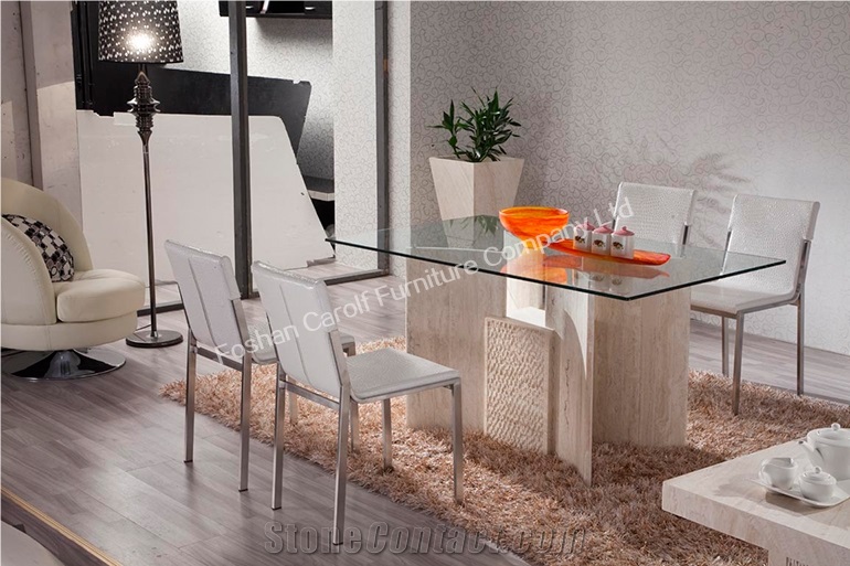 Nature Travertine Dining Table with Tempered Glass Top
