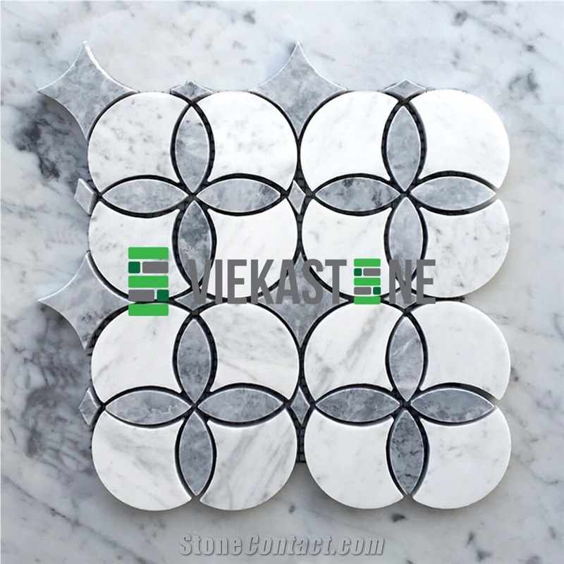Bianco Carrara White Fan-Shape Grey Oral Star Flower Marble Mosaic Polished for Interiro Kitchen, Bathroom, Backsplash Wall Floor Tile