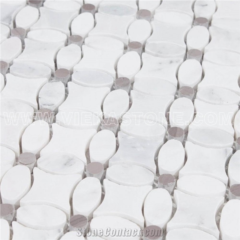 Bianco Carrara White Flower Oral Star Grey Dot Marble Mosaic Tile for Interior Kitchen, Bathroom, Backsplash Wall Floor Covering Polished