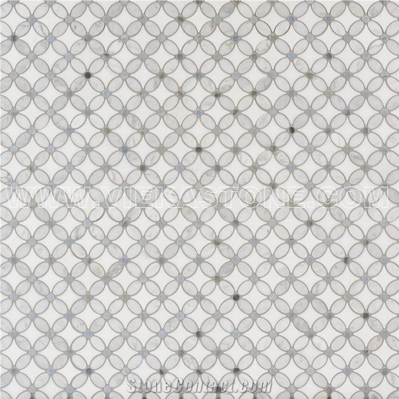 Bianco Carrara White Flower Oral Thassos Star Grey Dot Marble Mosaic Tile for Interior Kitchen, Bathroom, Backsplash Wall Floor Covering Polished