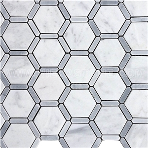 Bianco Carrara White Hexagon Bardiglio Strip Marble Mosaic Tile Honeycomb Polished for Interiro Kitchen, Bathroom, Backsplash Wall Floor Covering