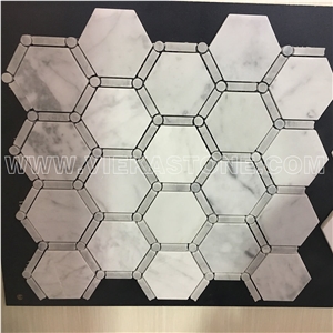 Bianco Carrara White Hexagon Bardiglio Strip Marble Mosaic Tile Honeycomb Polished for Interiro Kitchen, Bathroom, Backsplash Wall Floor Covering