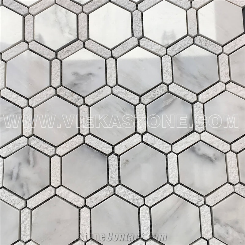 Bianco Carrara White Hexagon Bardiglio Strip Marble Mosaic Tile Sandblasted for Interiro Kitchen, Bathroom, Backsplash Wall Floor Covering
