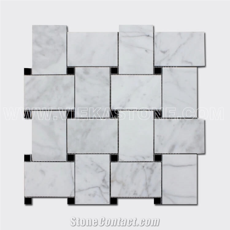 Bianco Carrara White Marble Mosaic Tile 2x3 Wide Basketweave，Black Nero Marquina Dot for Interiro Kitchen, Bathroom, Backsplash Wall Floor Polished