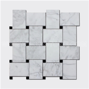 Bianco Carrara White Marble Mosaic Tile 2x3 Wide Basketweave,Black Nero Marquina Dot for Interiro Kitchen, Bathroom, Backsplash Wall Floor Polished