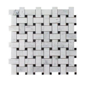Bianco Carrara White Marble Mosaic Tile Basketweave, Black Nero Marquina Square Dot for Interior Kitchen, Bathroom, Backsplash Wall Floor Polished