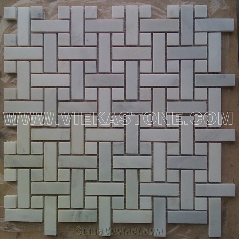 Bianco Carrara White Marble Mosaic Tile Basketweave for Interiro Kitchen, Bathroom, Backsplash Wall Floor Polished