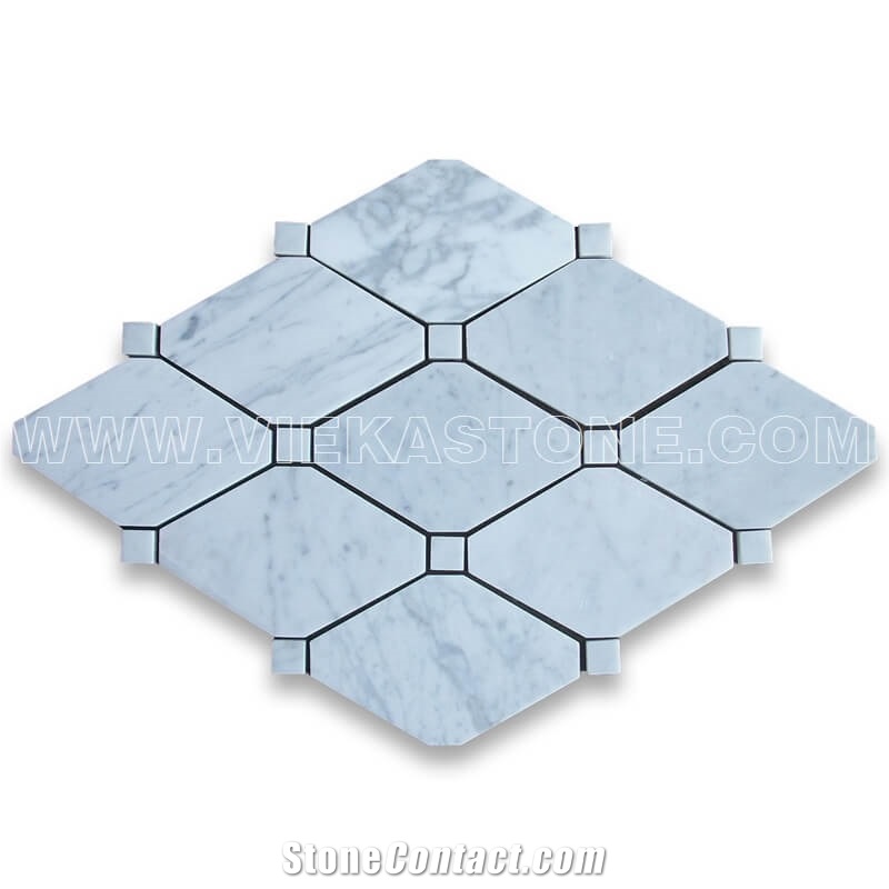 Bianco Carrara White Marble Mosaic Tile Diamond Octagon White Dot Polished for Interiro Kitchen, Bathroom, Backsplash Wall Floor Covering