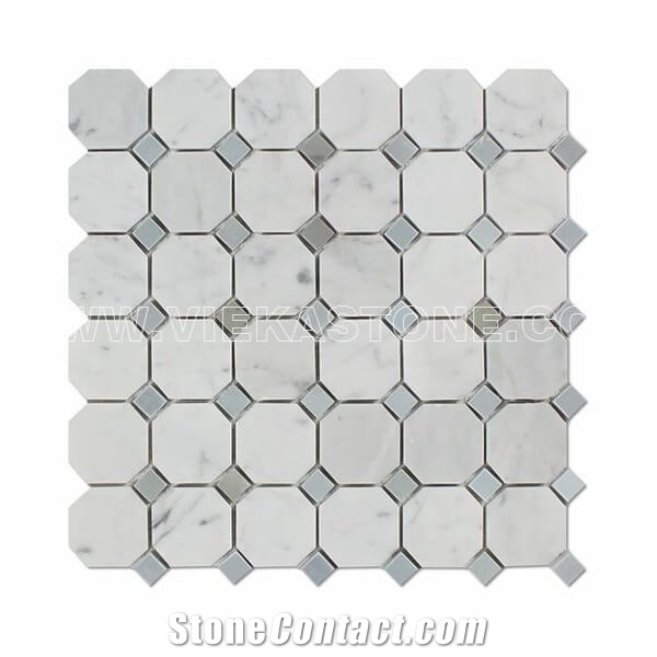 Bianco Carrara White Octagon Bardiglio Dot Marble Mosaic Tile Sandblasted for Interiro Kitchen, Bathroom, Backsplash Wall Floor Covering