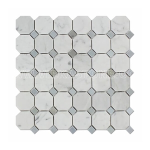 Bianco Carrara White Octagon Bardiglio Dot Marble Mosaic Tile Sandblasted for Interiro Kitchen, Bathroom, Backsplash Wall Floor Covering