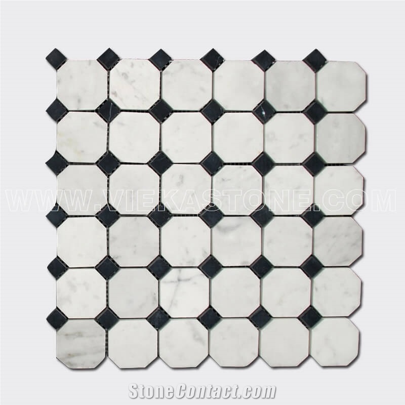 Bianco Carrara White Octagon Black Nero Marquina Dot Marble Mosaic Tile Sandblasted for Interiro Kitchen, Bathroom, Backsplash Wall Floor Covering