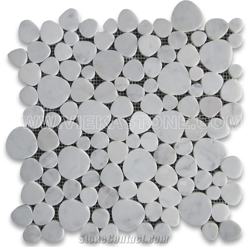 Bianco Carrara White Pebble Tumble Round Marble Mosaic Polished for Interior Kitchen, Bathroom, Backsplash Wall Floor Tile
