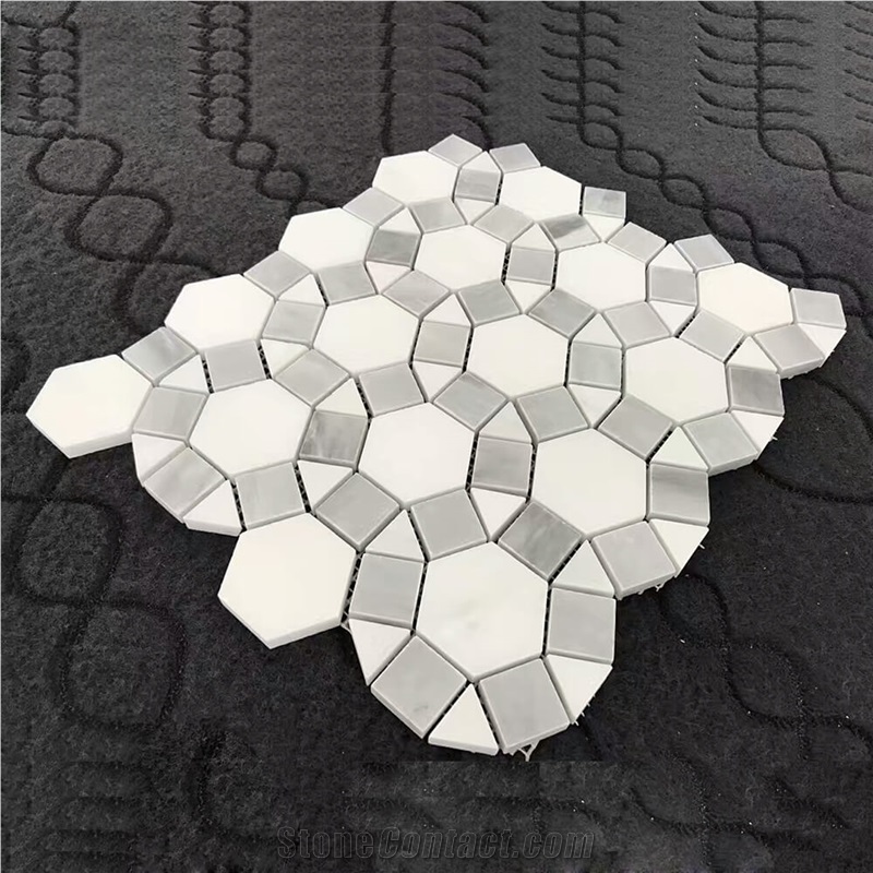 Bianco Carrara White Sunflower Hexagon Triangle Square Marble Mosaic Tile Polished for Interior Kitchen, Bathroom, Backsplash Wall Floor Covering