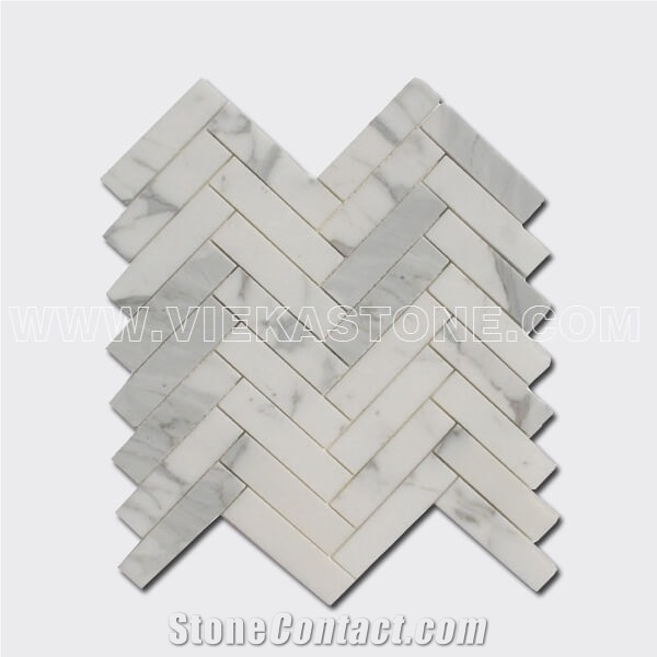 Calacatta Marble Mosaic Tile Long Herringbone Polished for Interior Kitchen, Bathroom, Backsplash Wall Floor Covering