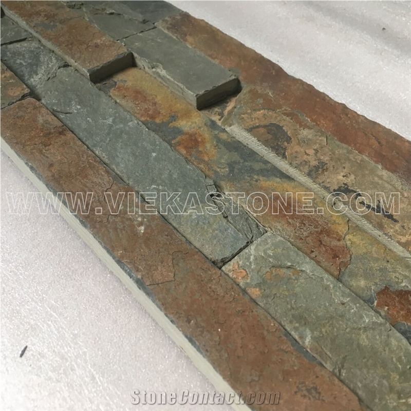 China Manufacturer Rusty Multicolor Slate Natural Culture Stone Stacked Ledger Tile Wall Cladding Panel 35x18cm Split Face Rock Landscaping