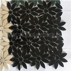 Chinese Black Nero Marquina Marble Mosaic Tile Flower for Interior Kitchen, Bathroom, Backsplash Wall Floor Covering