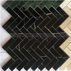 Chinese Black Nero Marquina Marble Mosaic Tile Herringbone for Interior Kitchen, Bathroom, Backsplash Wall Floor Covering