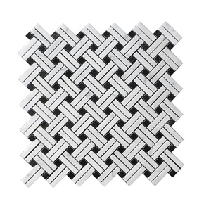 Double Thin Bianco Carrara White Marble Mosaic Tile Basketweave, Black Nero Marquina Dot for Interiro Kitchen, Bathroom, Backsplash Wall Floor Polished