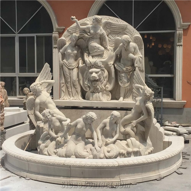 China White Marble Garden Fountains / Human Sculptured Handcarved Exterior Fountains for Garden Decoration