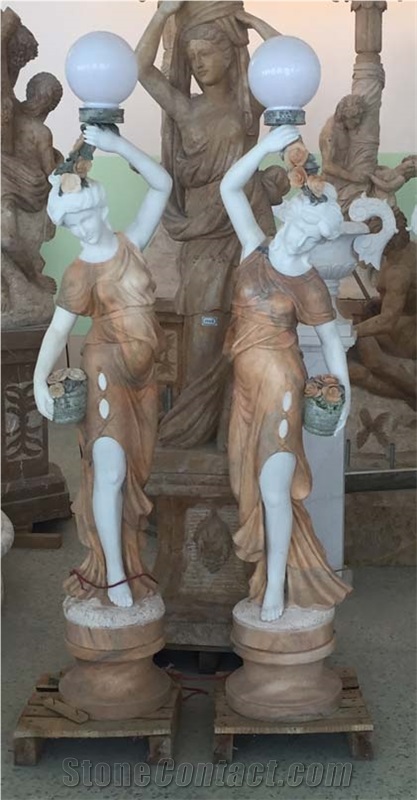 Hand Carved Lady Statues with Lamp, White Marble Statues