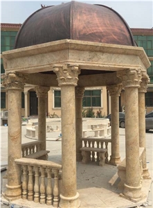 Outdoor Ornamental Natural Stone Gazebo with Metal Roof, White Marble Gazebo for Sale