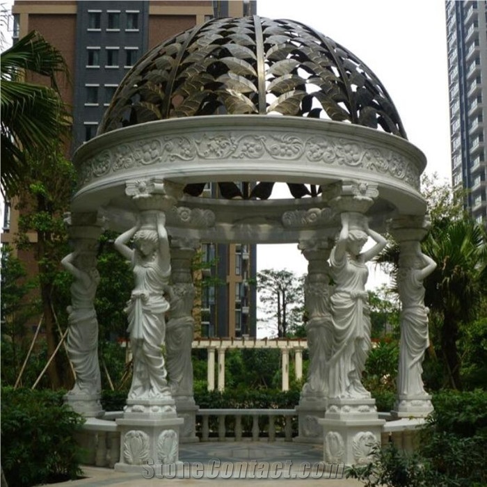 Outdoor Ornamental Natural Stone Gazebo with Metal Roof, White Marble Gazebo for Sale