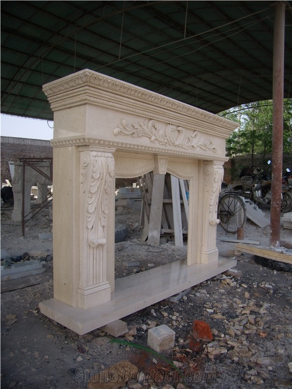 Beige Marble Fireplace Mantel Surround with Hand Carved Sculpture