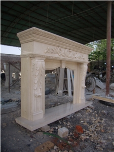 Beige Marble Fireplace Mantel Surround with Hand Carved Sculpture