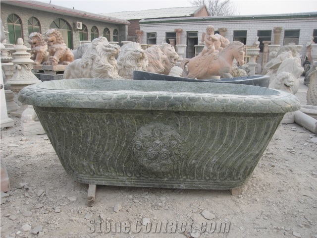 Green Marble Bath Tub with Hand Carving Sculpture
