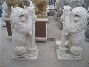 Hand Carved White Marble Lion Statue in Pair Custom Made High Quality