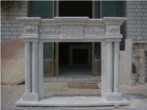 White Marble Column Style Fireplace Mantel with Hand Carivng Sculpture