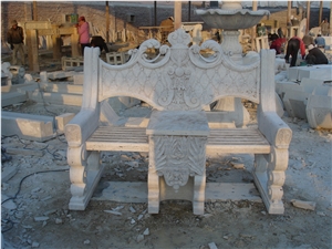 White Travertine Bench with Hand Carved Sculpture