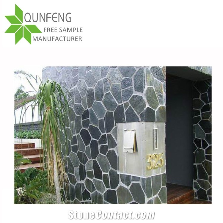 China Cheap Price Black Slate Random Flagstone Tiles, Natural Slate for Floor and Wall , Black Slate on Mesh , Flagstone Flooring Paving Covering