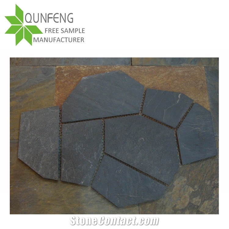 China Cheap Price Black Slate Random Flagstone Tiles, Natural Slate for Floor and Wall , Black Slate on Mesh , Flagstone Flooring Paving Covering