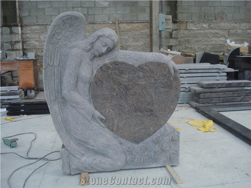 Tombstone with Angels, Aurora Granite Angel with Heart Shape Monuments, China Absolute Black Polished Tombstone & Monument,