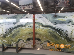 China Dreaming Green Bookmatch Crystal Transparency Marble Slabs Tiles, Factory Polished Butterfly, for Wall & Floor Background Luxury Project