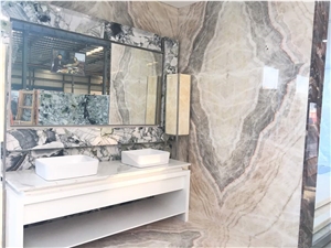 China Polished Bookmatch Beige Onyx Slabs Tiles,Crystal Transparency Wooden Pattern Stone, Countertop Wall Flooring Covering Interior Decoration