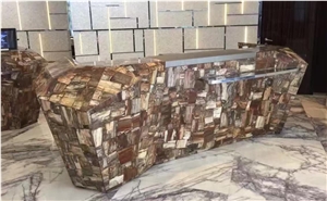 Petrified Wood Semi Precious Slab, Square Gemstone Panels, Polished Natural Materials, Reception Countertop Good Price,Own Factory,Tvbackgroud Backlit