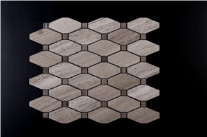White Grey Wood Vein Marble Mosaics Hexagon Linear Strips Baskerweave