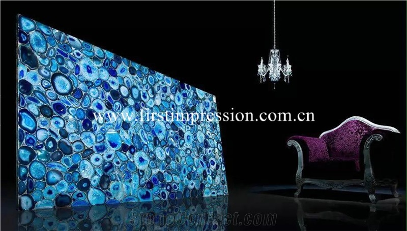 Blue Agate Gemstone Backlit Slabs/ Flooring/ Walling/ Agate Mosaic/ Semiprecious Stone/ Blue Agate Semi Precious Stone for House Decoration