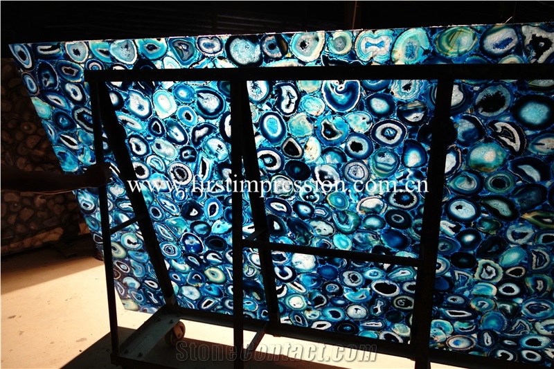 Chinese Blue Agate Gemstone Backlit Slabs/ Flooring/ Walling/ Agate Mosaic/ Semiprecious Stone/ Blue Agate Semi Precious Stone for Bar Top Decoration