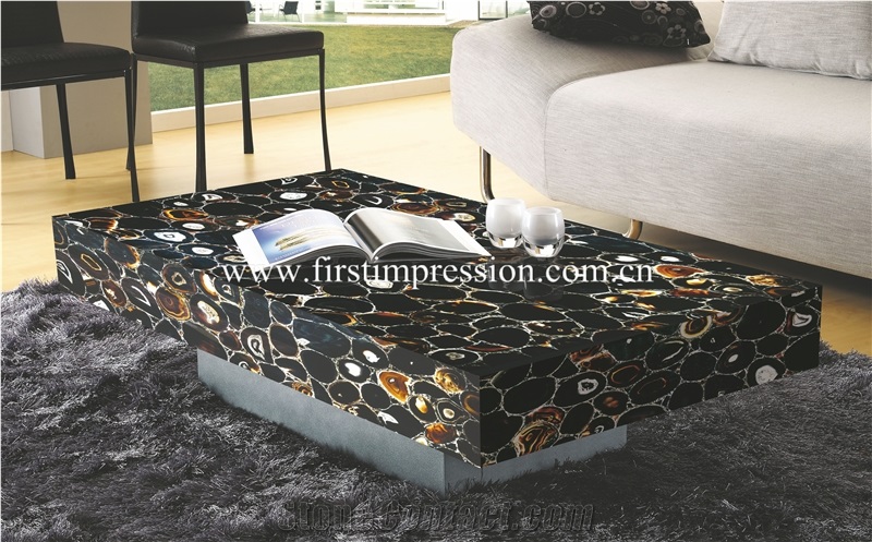 High Quality Black Agate Slabs & Tiles/ Backlit Semiprecious Stone Black Agate Slab Panel/ Agate Gemstone Tiles for Floor, Wall, Tops Covering
