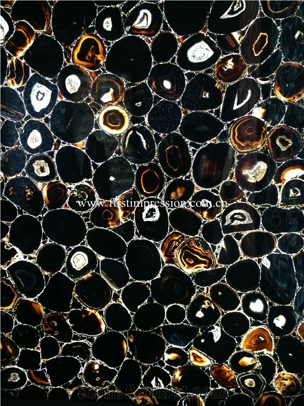 High Quality Black Agate Slabs & Tiles/ Backlit Semiprecious Stone Black Agate Slab Panel/ Agate Gemstone Tiles for Floor, Wall, Tops Covering