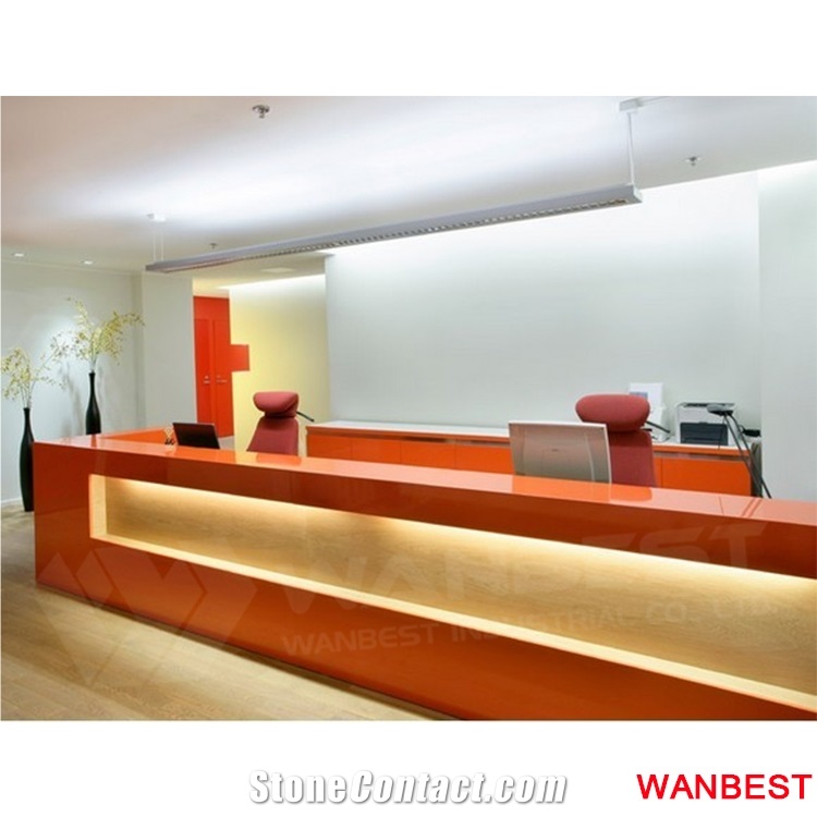China Factory Illuminated Led Acrylic Solid Surface Company Beauty Salon Hotel Bank Spa Hospital 2 Person Reception Service Counter Desk Design