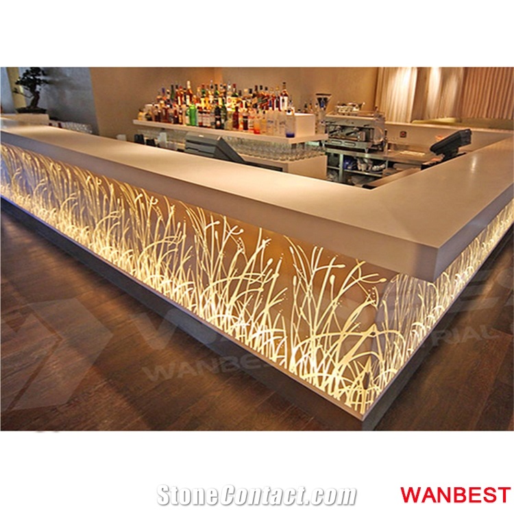 China Factory Rectangle Led Lighted Artificial Marble Acrylic Top Restaurant Night Club Wine Pub Bar Dining Counter Drinking Table with Chair for Sale