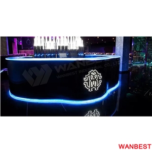 China Factory Unique Design Illuminated Led Curved Artificial Stone Marble Nightclub Pub Music Wine Juice Bar Drink Counter Cashier Desk Custom Logo