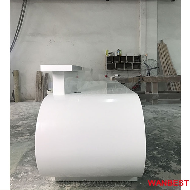 China Factory White Artificial Stone Solid Surface Curved Illuminated Led Spa Hotel Hospital Lobby Office Salon Fitness Center Reception Desk Design