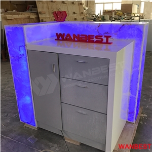 Commercial Acrylic Marble Top Led Lighted Portable Restaurant Night Club Pub Coffee Shop Wine Bar Reception Counter Cashier Desk with Wine Rack