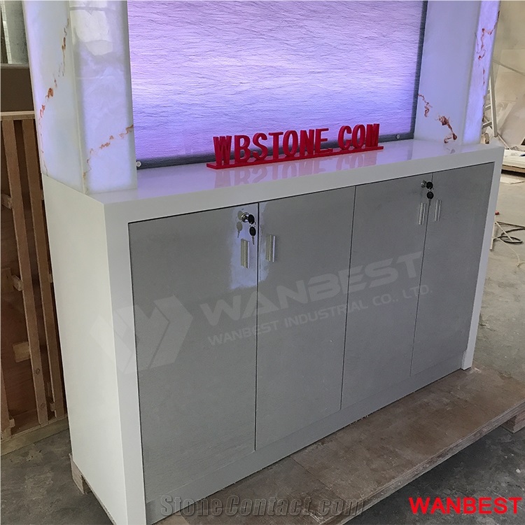 Commercial Acrylic Marble Top Led Lighted Portable Restaurant Night Club Pub Coffee Shop Wine Bar Reception Counter Cashier Desk with Wine Rack